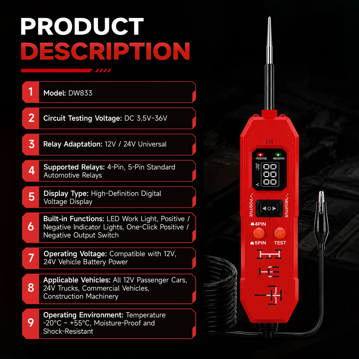 New Arrival! DW833 2 IN 1 Automotive Circuit Tester And Car Relay Tester