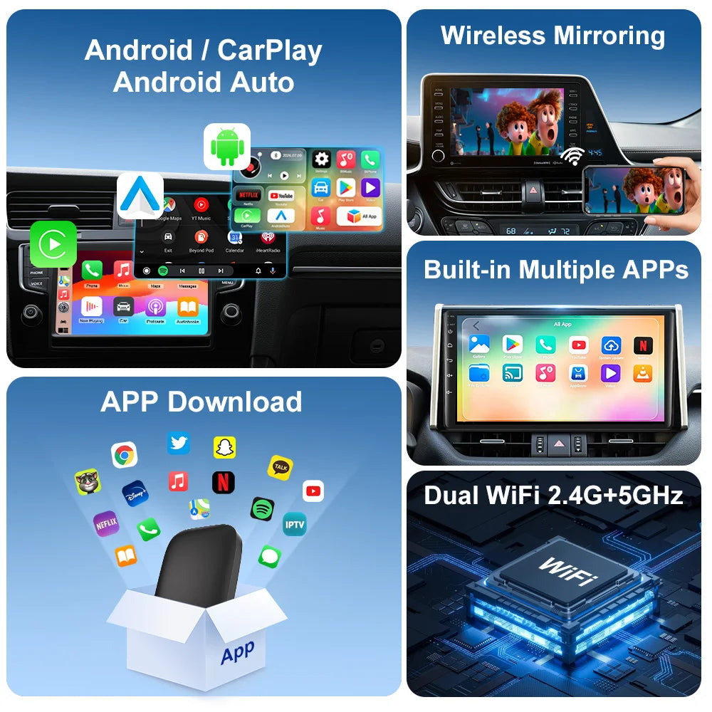 VCARLINKPLAY Carplay Ai Box Wireless Android Auto Carplay Adapter for Netflix YouTube Car Intelligence Android 15 Systems Gifts