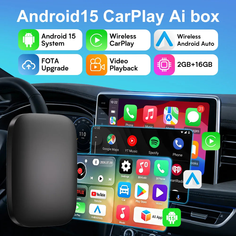 VCARLINKPLAY Carplay Ai Box Wireless Android Auto Carplay Adapter for Netflix YouTube Car Intelligence Android 15 Systems Gifts